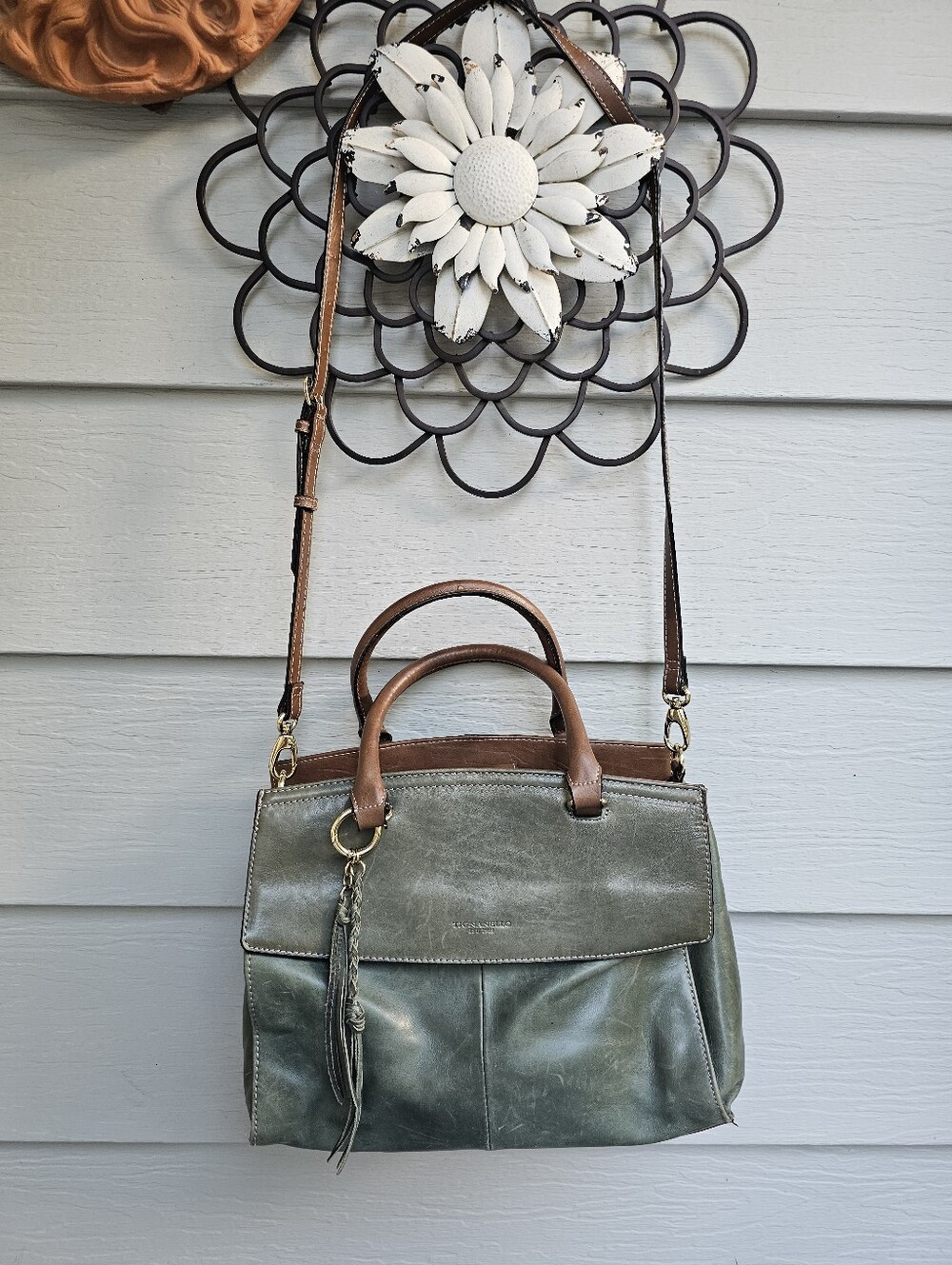 Tignanello Olive Green Leather Satchel with Brown Handles - Picture 2 of 6